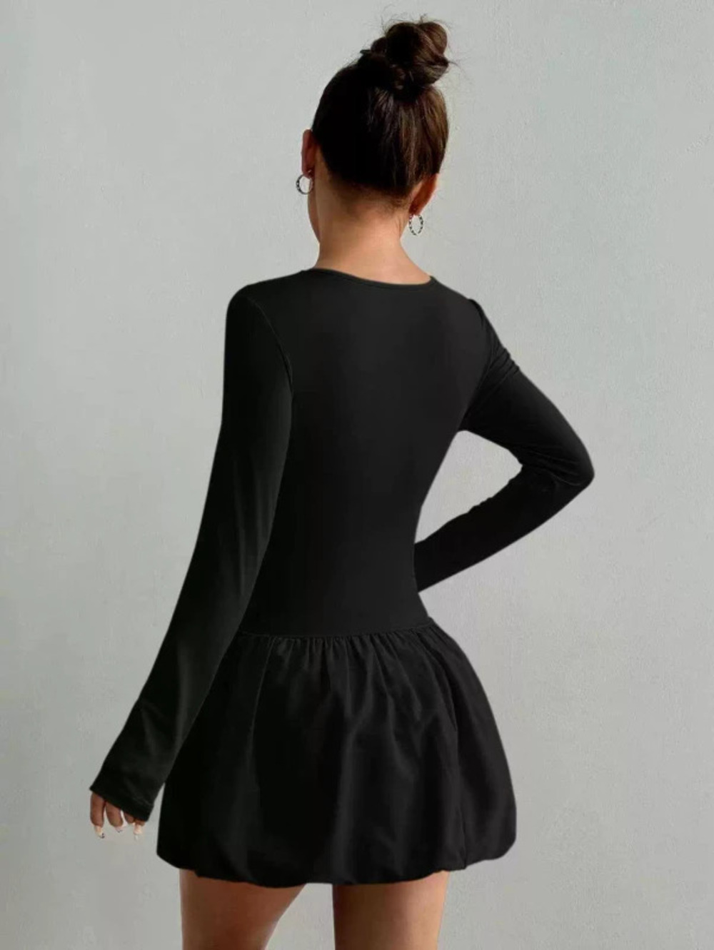 H&M Women Casual Pleated Long Sleeve Round Neck Tulip Hem Short Dress